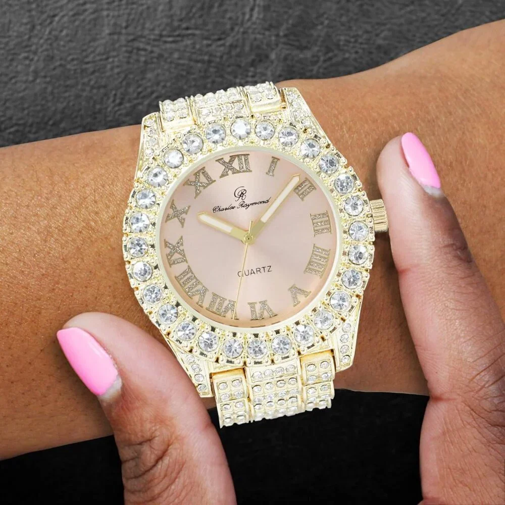 Women's Gold Blush Bezel Colored Dial Roman Numerals Iced Out Watch St10327la